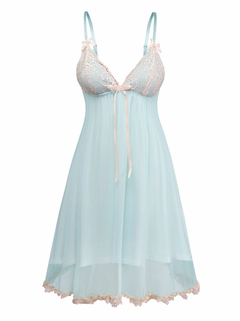 Grün 1960er Netz Spitze Patchwork Bogen Träger Nachthemd