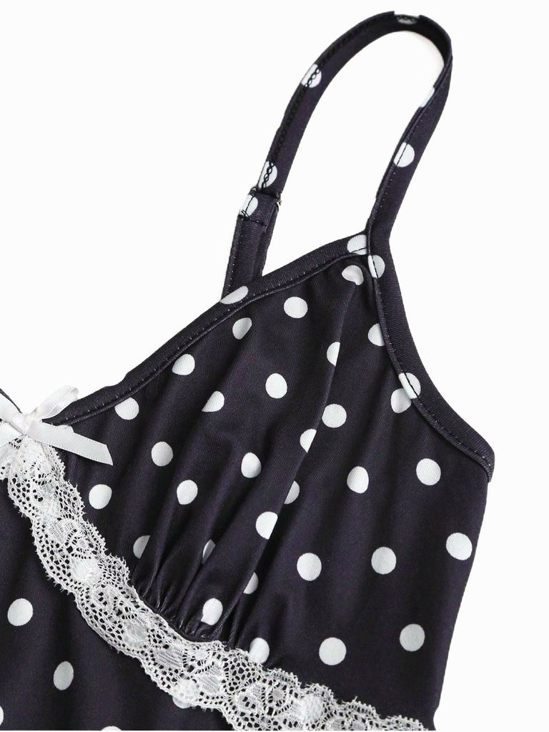 Schwarz 1940er Tupfen Spitze Trim Träger Jumpsuit