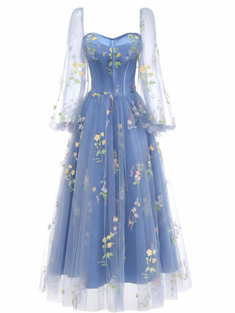 Blau 1930er Blumen Bestickt Netz Langarm Kleid