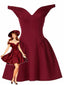 1970er Solide Schulterfrei Tief V-Ausschnitt Skater Kleid