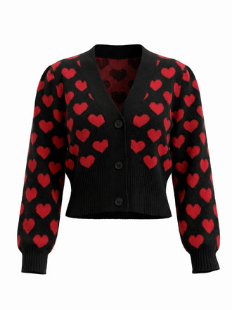 Schwarz 1960er Valentinstag Herz Kurz Stricken Strickjacke