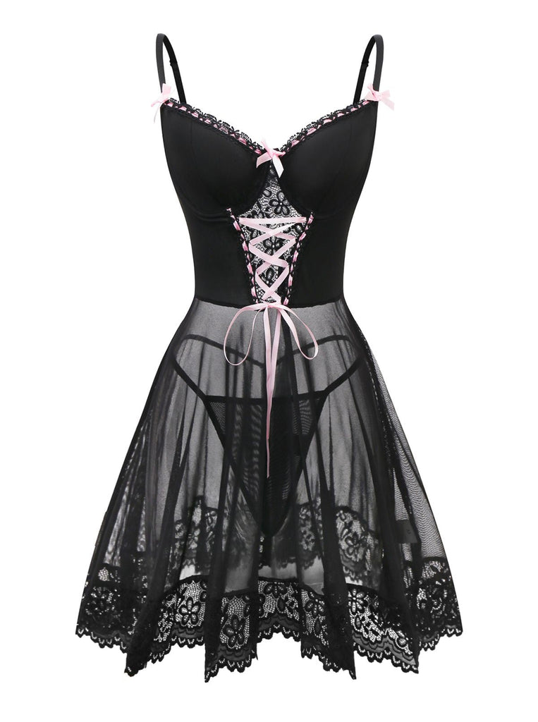 Schwarz 1950er Spaghetti Träger Bogen Spitze Nachtwäsche