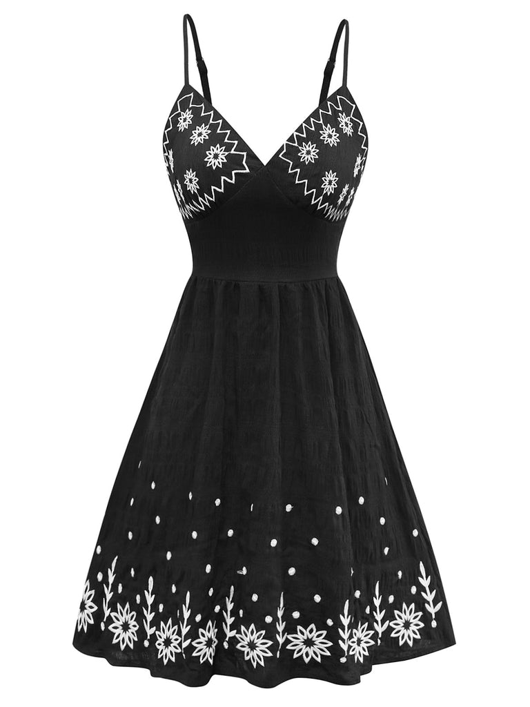 Schwarz 1970er Boho Besticktes Blumen Zurück-Bogen Kleid