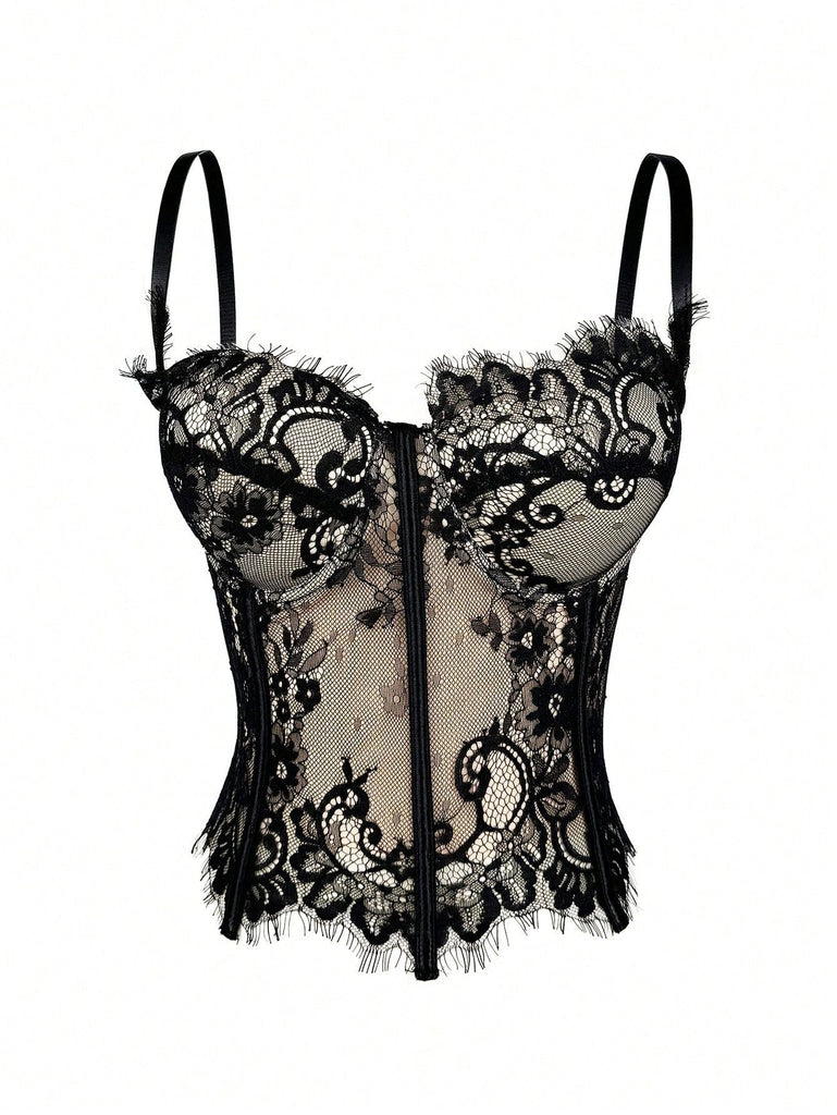 Schwarz 1980er Spitze Steampunk Fischgräten Korsett