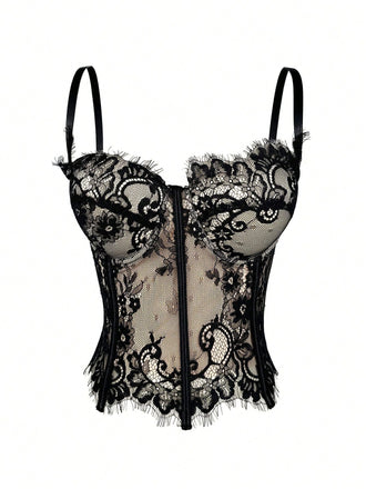 Schwarz 1980er Spitze Steampunk Fischgräten Korsett