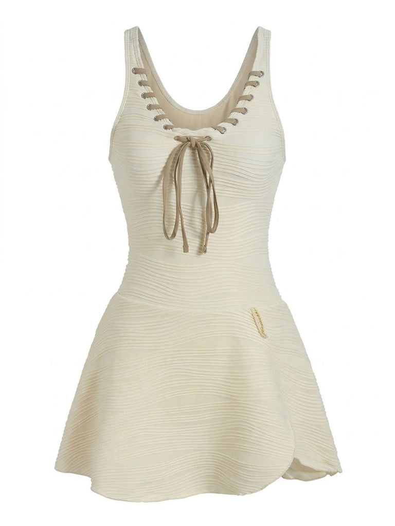 Beigefarbener, einteiliger Badeanzug im Stil der 1930er Jahre – Vintage-Badeanzug im Pin-up-Stil