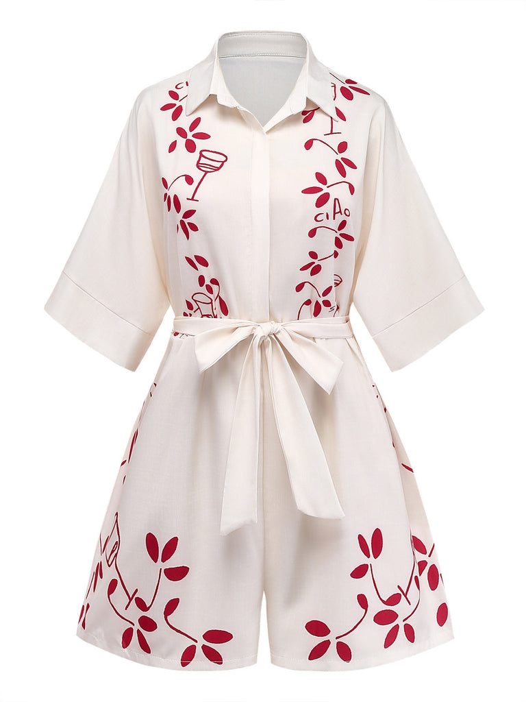 Beigefarbener Jumpsuit mit botanischem Muster im Stil der 1950er Jahre mit Gürtel, Größe 2