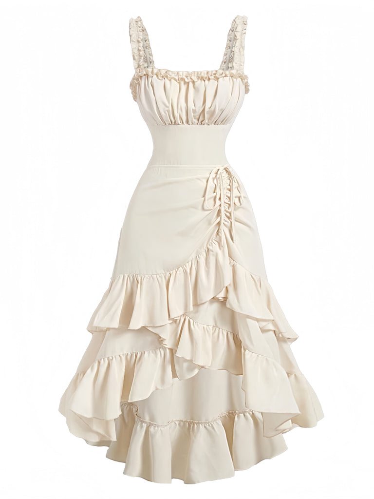 Vorderseite: Beiges Trägerkleid im Stil der 1980er Jahre mit Rüschensaum, Vintage-Charme, perfekt für Vintage-Modeliebhaber