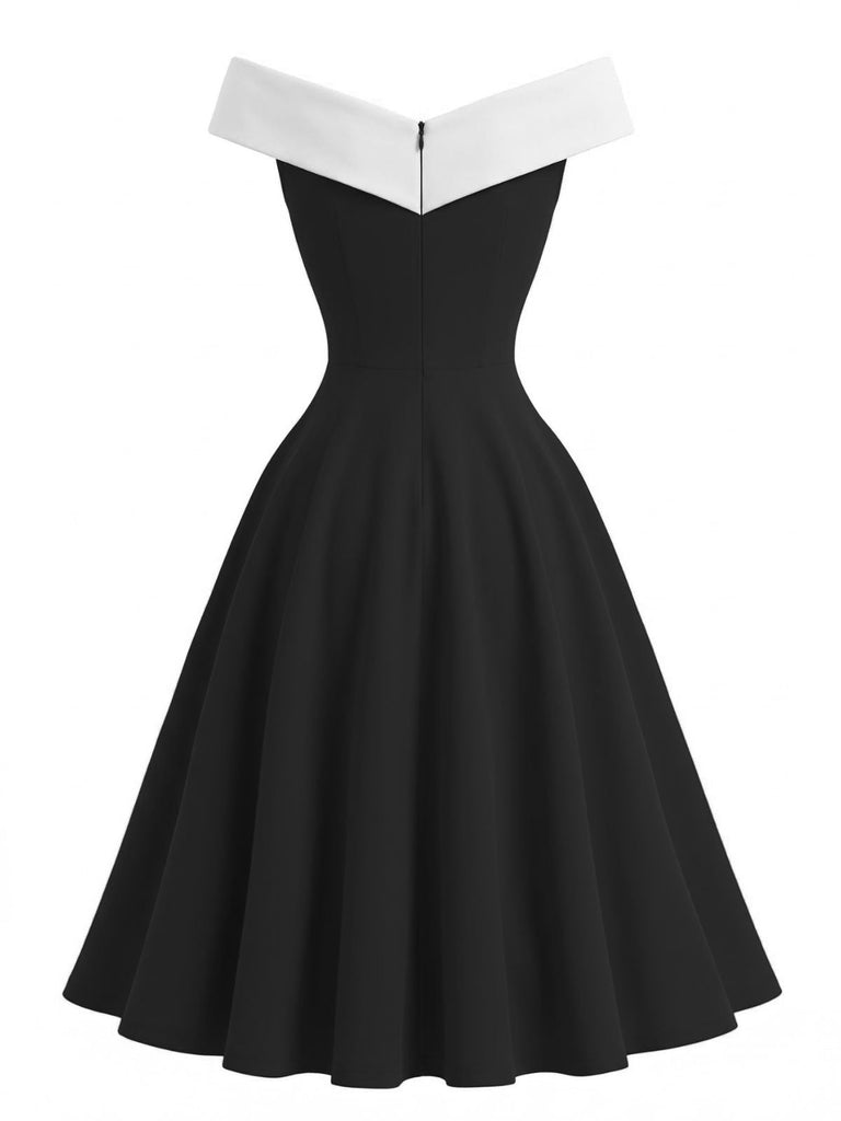 Schwarzes schulterfreies, einfarbiges Kleid im Stil der 1950er Jahre mit Blockmuster – Rückansicht