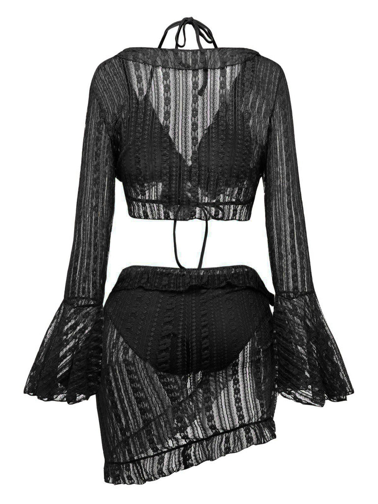 Vorder- und Rückansicht des dreiteiligen Bikini-Sets mit Glockenärmeln in elegantem Schwarz.