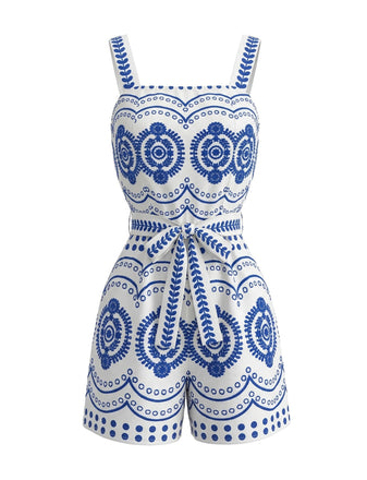 Blau 1930er Urlaubs Platziert Druck Gürtel Romper