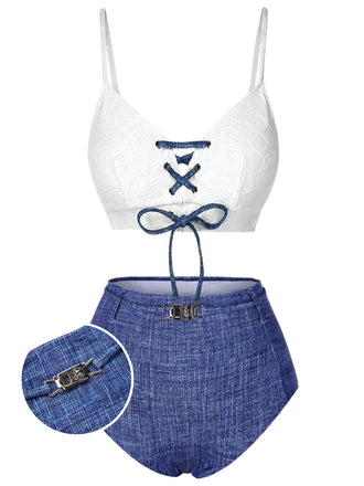 Blau 1940er Schnürung Halter Schein-Denim Bikini Set