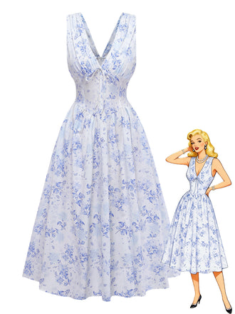 Vintage blaues, geblümtes Midikleid aus den 1950er Jahren mit Korsett-Taille und tiefem V-Ausschnitt, perfekt für einen sommerlichen Hochzeitsgast-Look.