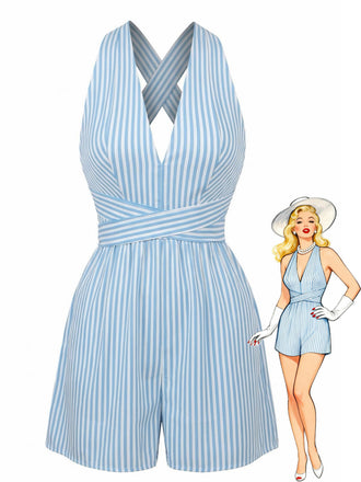 Blauer, gestreifter, ärmelloser Jumpsuit im Stil der 1950er Jahre mit V-Ausschnitt und gekreuzten Gürteln – Vintage-Jumpsuit, Retro-Mode