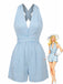 Blauer, gestreifter, ärmelloser Jumpsuit im Stil der 1950er Jahre mit V-Ausschnitt und gekreuzten Gürteln – Vintage-Jumpsuit, Retro-Mode