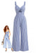 Blauer gestreifter Jumpsuit im Stil der 1950er Jahre mit V-Ausschnitt und Neckholder.