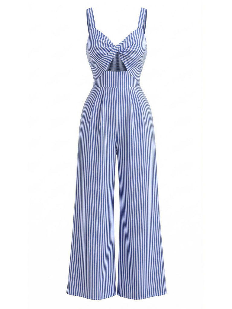 Blauer, gestreifter Jumpsuit im Stil der 1950er Jahre mit V-Ausschnitt und Neckholder, Größe 2
