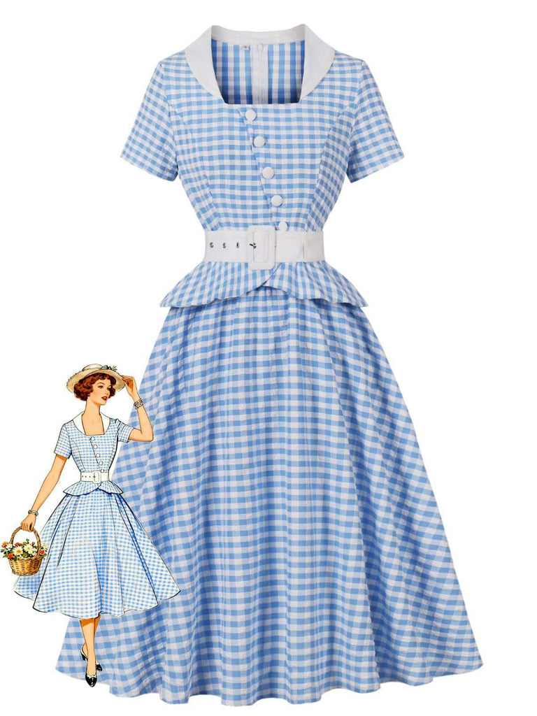 Blau-kariertes Rüschen-Swingkleid – Vorderansicht