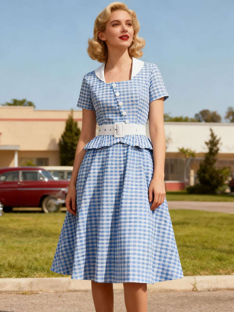 Blaues kariertes Rüschen-Swingkleid aus den 1950er Jahren