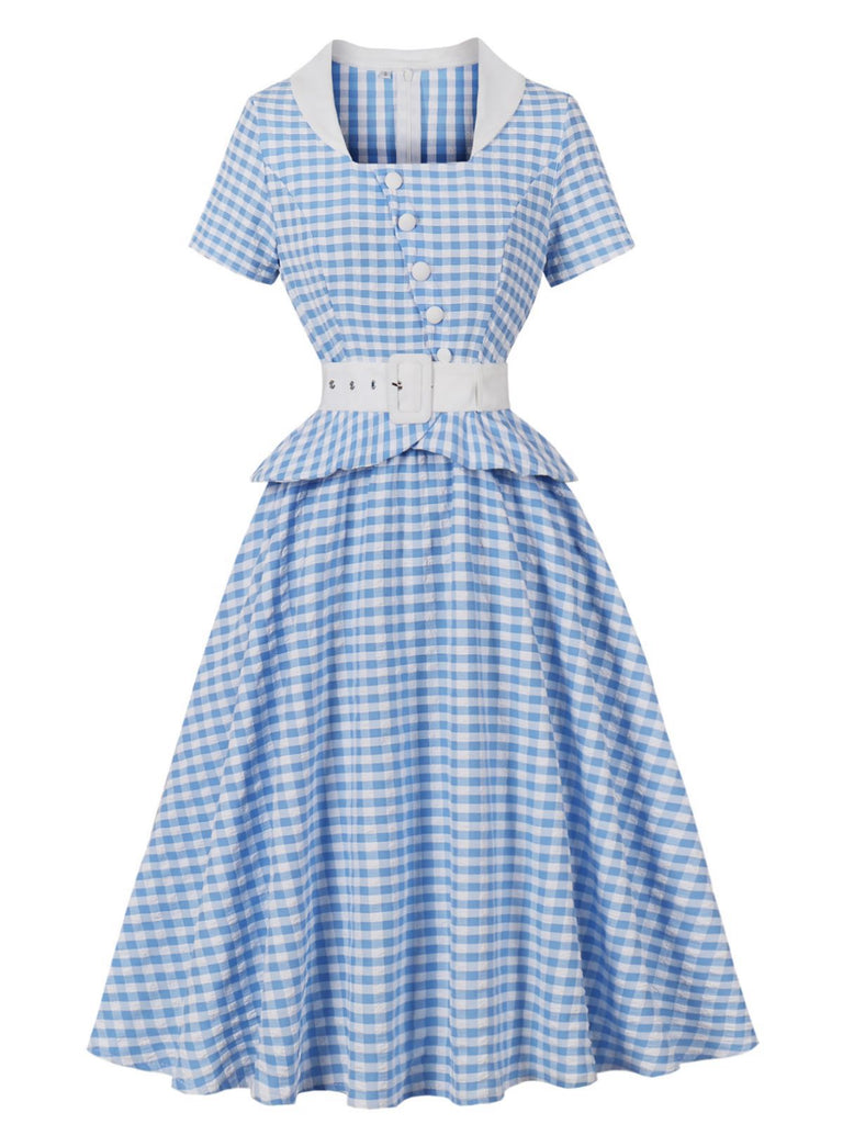 Blaues kariertes Rüschen-Swingkleid aus den 1950er Jahren
