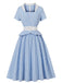 Blaues kariertes Rüschen-Swingkleid aus den 1950er Jahren