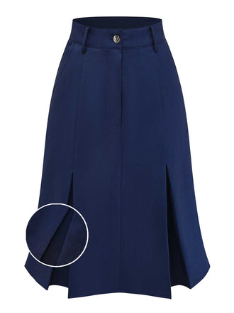 Studioaufnahme von vorne des marineblauen ausgestellten Rocks, auf der der Knopf- und Reißverschlussverschluss hervorgehoben ist.