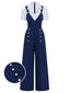[Vorverkauf] Blau 1960er Polka Dots Revers Schein-Zweiteilig Jumpsuit