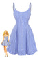 Blau 1960er Streifen Knöpfe Spaghetti Träger A-Linie Kleid
