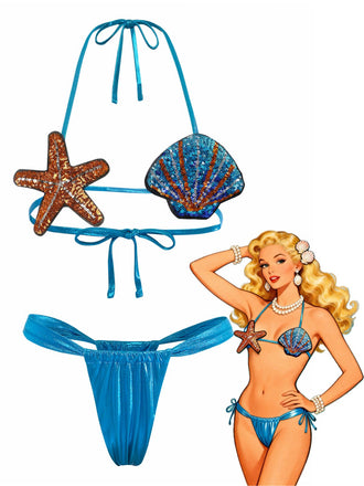 Blau 1970er Muschel & Seestern Bikini Set