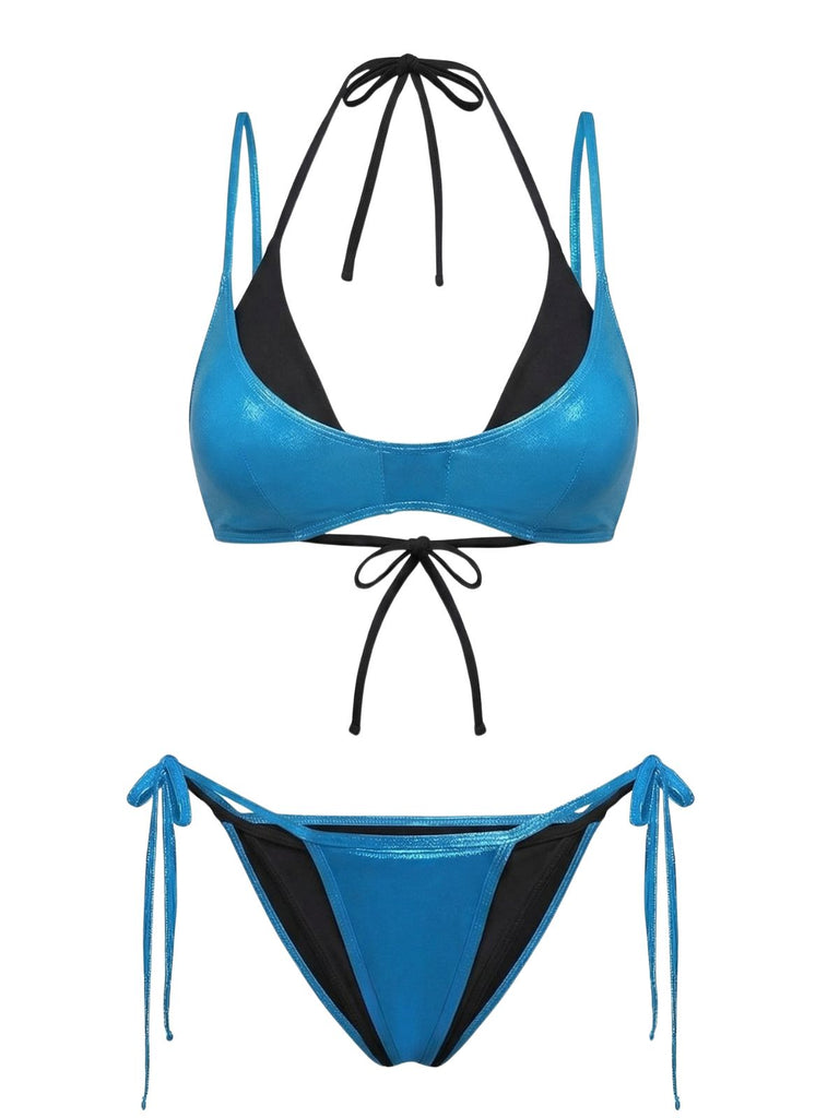 Blauer Bikini mit hohem Bund im Stil der 1950er Jahre – Vintage-Mode, Retro-Stil