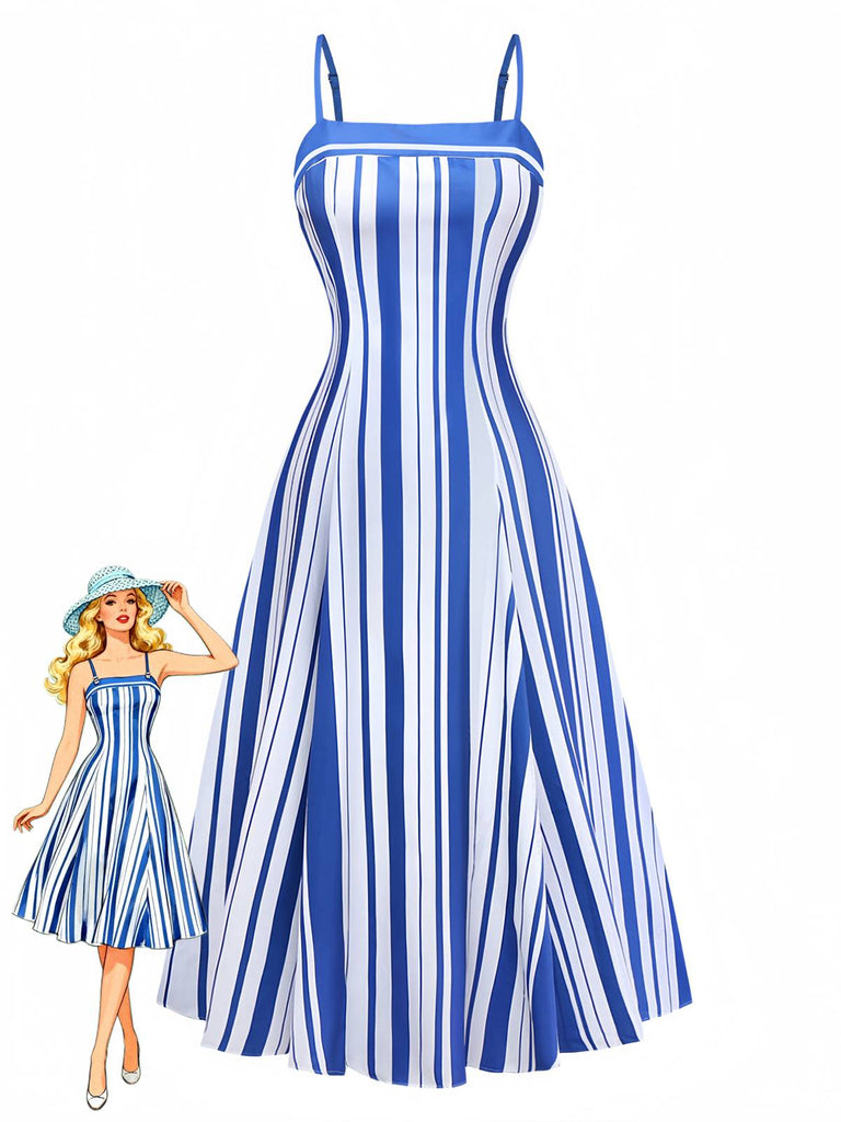 Blau-weiß gestreiftes Midikleid im Stil der 1950er Jahre mit Spaghettiträgern