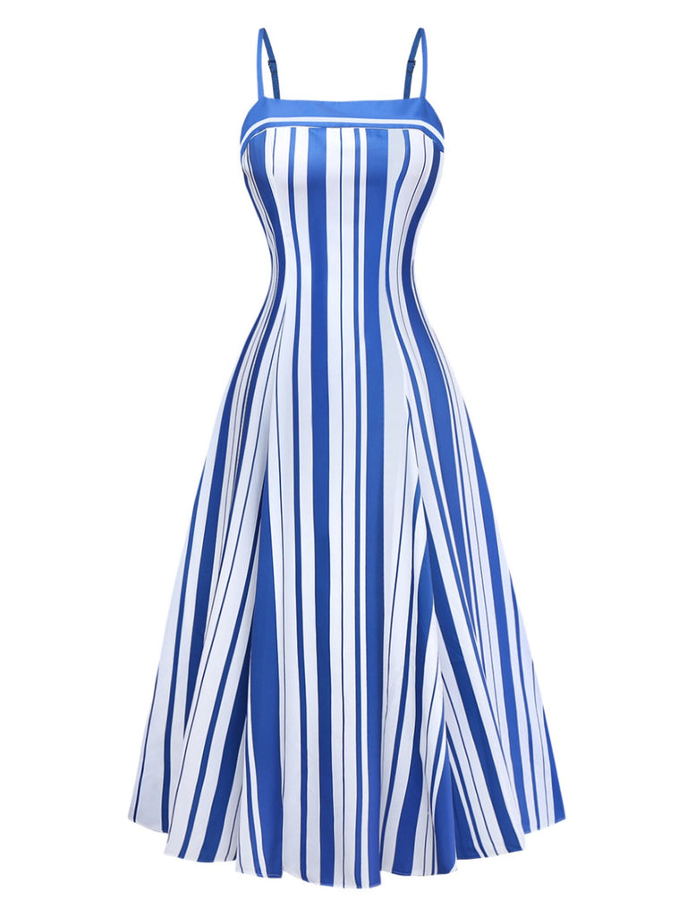Blau-weiß gestreiftes Midikleid im Stil der 1950er Jahre mit Spaghettiträgern