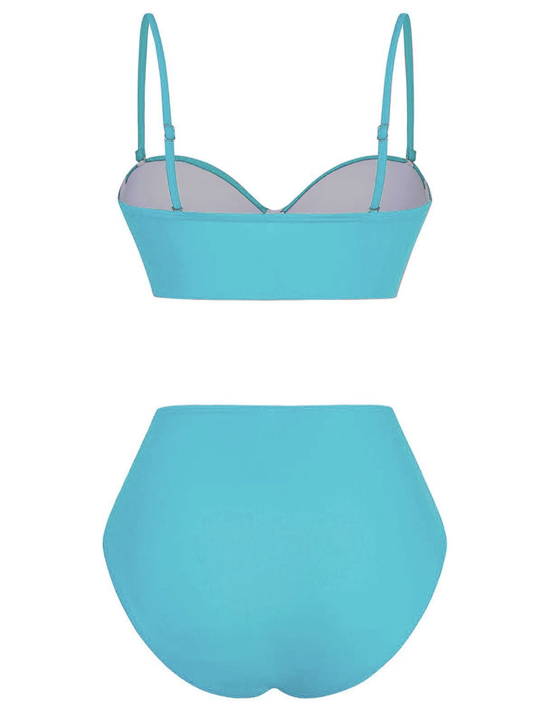 blauer, hochtaillierter, geraffter Bikini aus den 1940er Jahren mit Rückenausschnitt