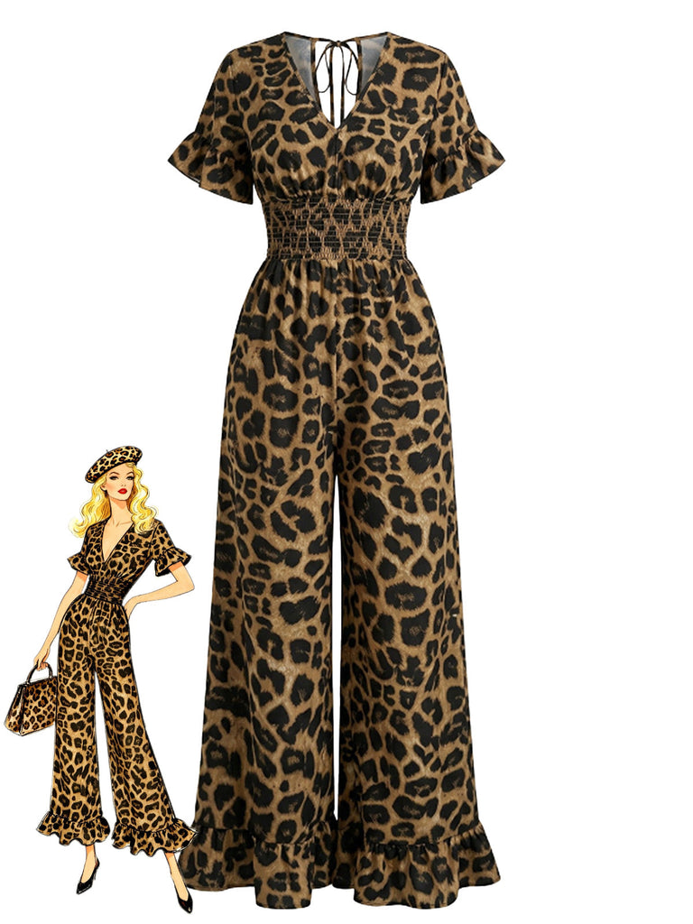 Brauner Leoparden-Jumpsuit aus den 1930er-Jahren mit Rüschen, V-Ausschnitt und Empire-Taille – Vintage-Jumpsuit, Retro-Mode