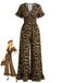 Brauner Leoparden-Jumpsuit aus den 1930er-Jahren mit Rüschen, V-Ausschnitt und Empire-Taille – Vintage-Jumpsuit, Retro-Mode