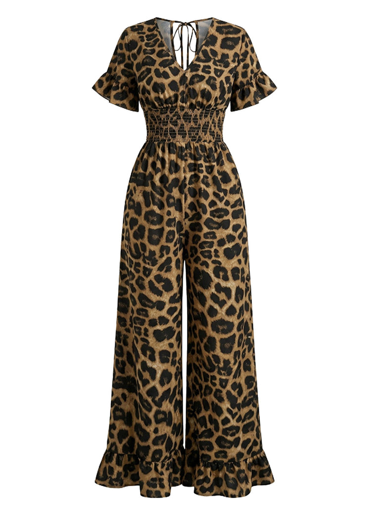 Brauner Leoparden-Jumpsuit aus den 1930er-Jahren mit Rüschen, V-Ausschnitt und Empire-Taille – Vintage-Jumpsuit, Retro-Mode