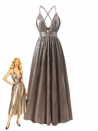 Glamouröses, braunes Metallic-Maxikleid im Vintage-Stil der 1930er Jahre mit tiefem V-Ausschnitt und stilvollen Cut-out-Details, perfekt für Veranstaltungen im Stil von „Der große Gatsby“ und elegante Abende.