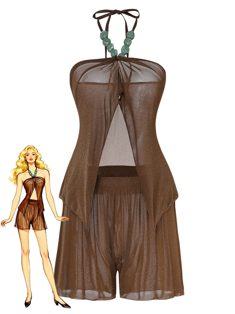 Braunes Neckholder-Bikini- und Strandkleid-Set aus den 1940er Jahren