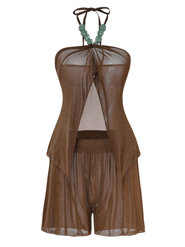 Braunes Neckholder-Bikini-Set aus den 1940er Jahren mit passendem Überwurf (2er-Pack)