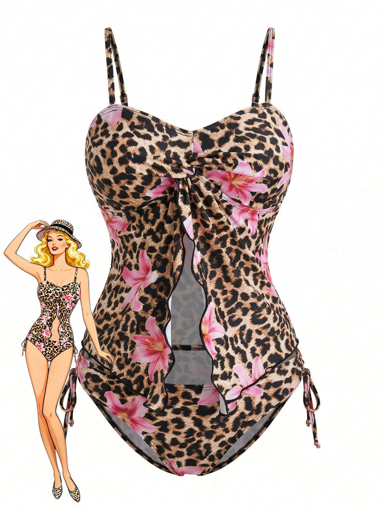 Braunes Tankini-Set im Stil der 1940er Jahre mit Leoparden- und Blumenmuster und vorderem Ausschnitt, perfekt für einen schmeichelhaften Retro-Strandlook oder einen tropischen Urlaub.