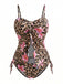 Braunes Tankini-Set im Stil der 1940er Jahre mit Leoparden- und Blumenmuster und vorderem Ausschnitt, perfekt für einen schmeichelhaften Retro-Strandlook oder einen tropischen Urlaub.