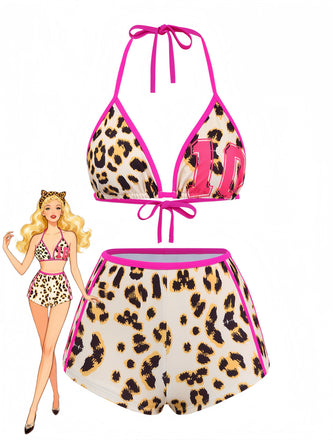 Brauner Leoparden-Spaghettiträger-Tankini im Stil der 1950er-Jahre – Vintage-Mode, Retro-Stil