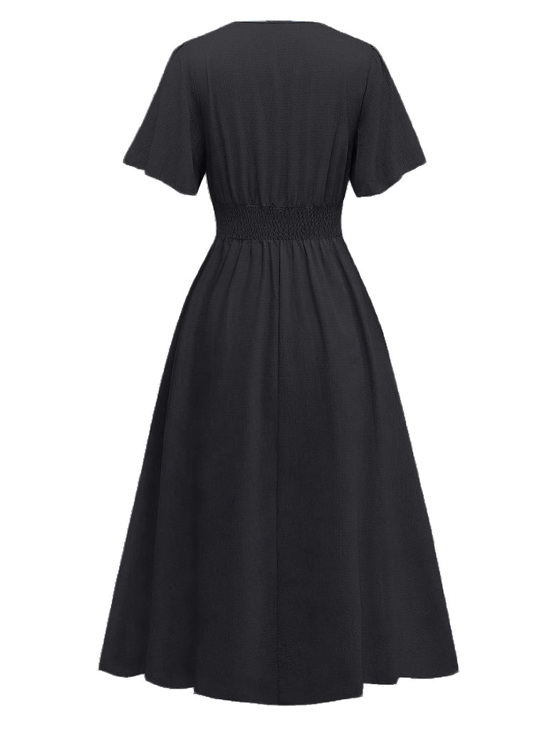 1940er V-Ausschnitt Rüschenärmel Schlitz Kleid