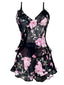 Schwarz 1930er Blumen Rüschen V-Ausschnitt Pyjama