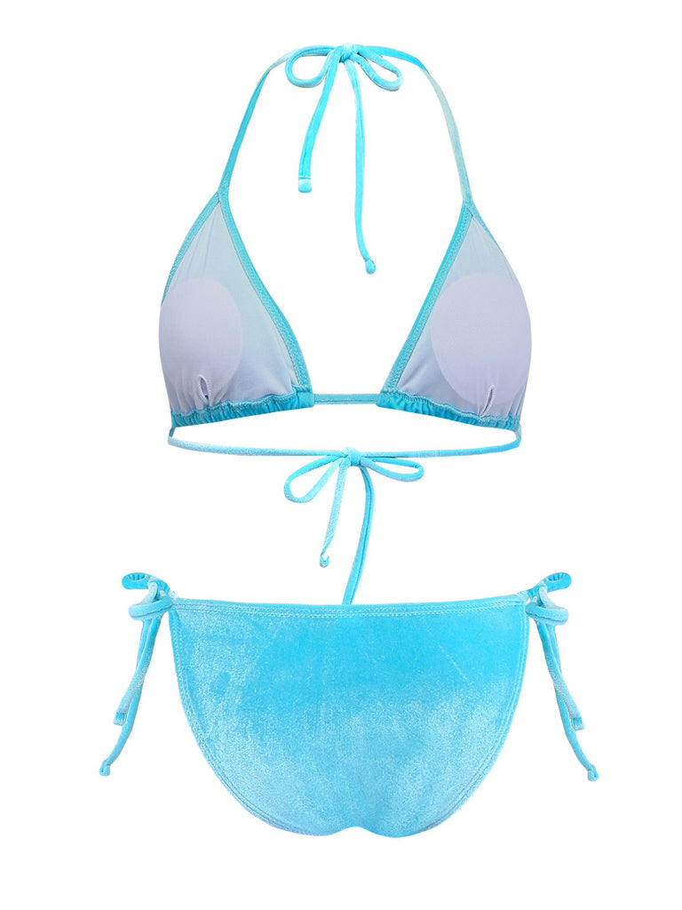 Blau 1980er Samt Strassstein Totenkopf Druck Bikini Set