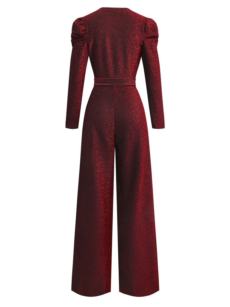 Rot 1980er Funkeln Tief-V Langarm Jumpsuit