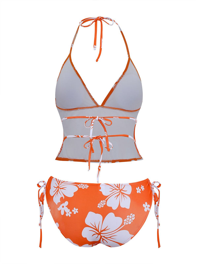Orange 1970er Tropisch Blumen Halter Tankini Set