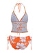 Orange 1970er Tropisch Blumen Halter Tankini Set