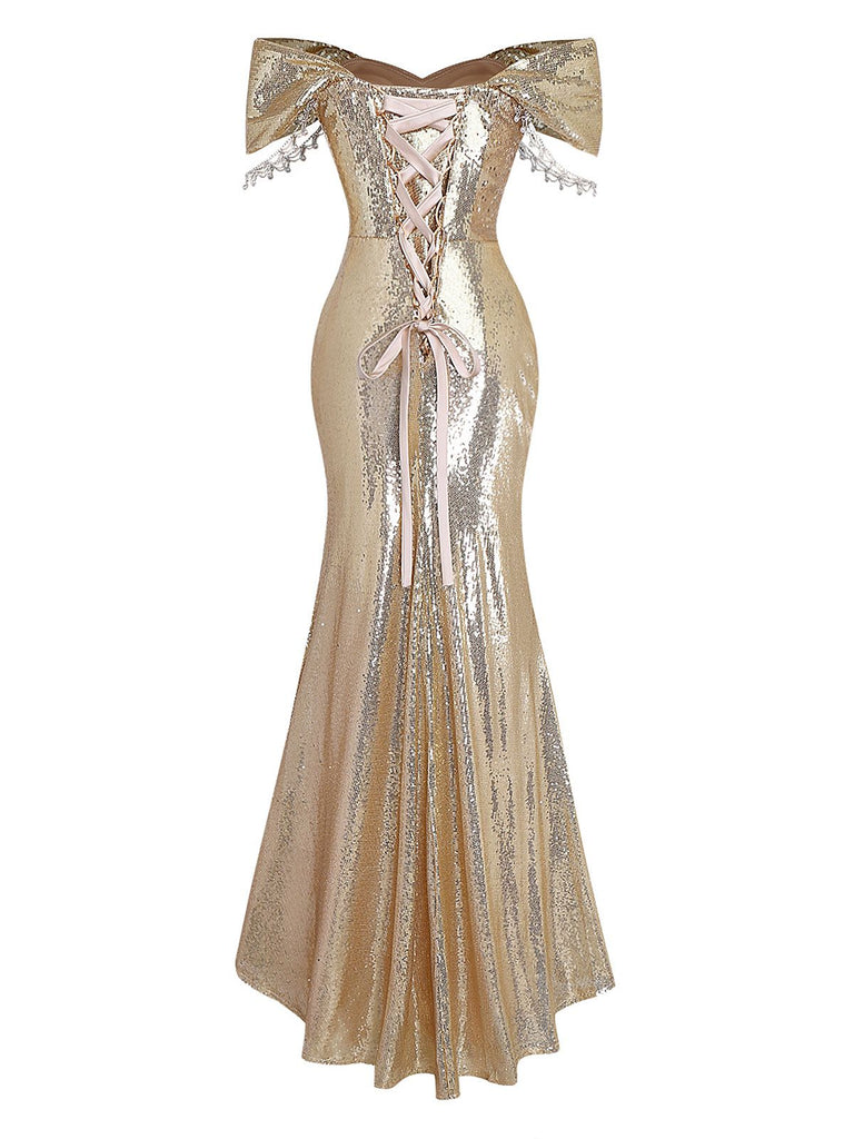 Gold 1980er Schulterfrei Pailletten Party Kleid