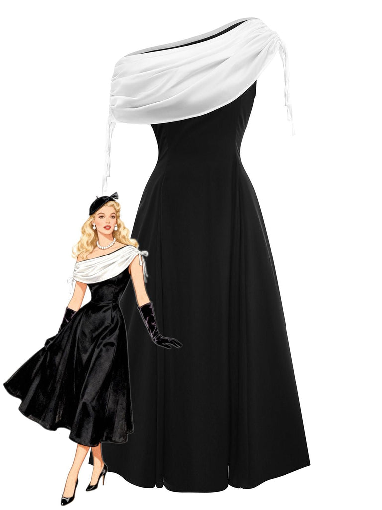 Schwarz 1980er Kontrast Schulterfrei Kleid